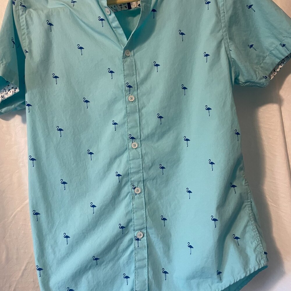 Denim and Flower Mens Button Down Shirt, Size S, Short Sleeve with Flamingos